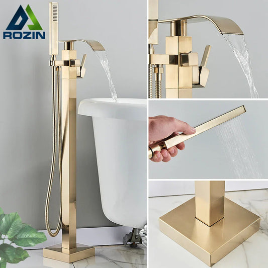DecorBites™ Brushed Gold Tub Shower Faucet Floor Mounted Waterfall Mixer Tap