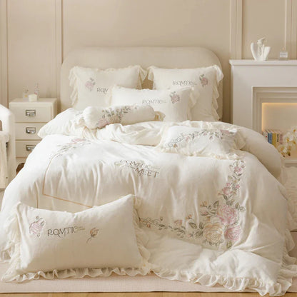 Decobites Rose Flowers Embroidery Princess Bedding Set - 4Pcs