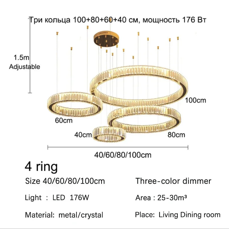 DecorBites™ Golden Crystal Chandelier: Nordic Modern Luxury LED Hanging Halo for Living Room