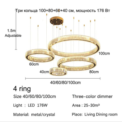 DecorBites™ Golden Crystal Chandelier: Nordic Modern Luxury LED Hanging Halo for Living Room