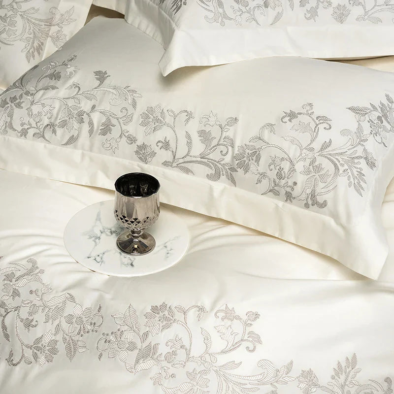 Decobites Luxury Embroidery Bedding Set: Pearl White 1000TC Egyptian Cotton Duvet Cover, Sheets, Pillowcases