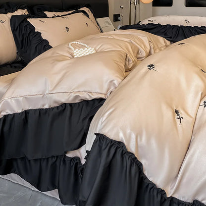 DecorBites™ Ice Silk Embroidery Bedding Sets: Luxury Rayon Duvet Set with Lace, Soft & Cozy