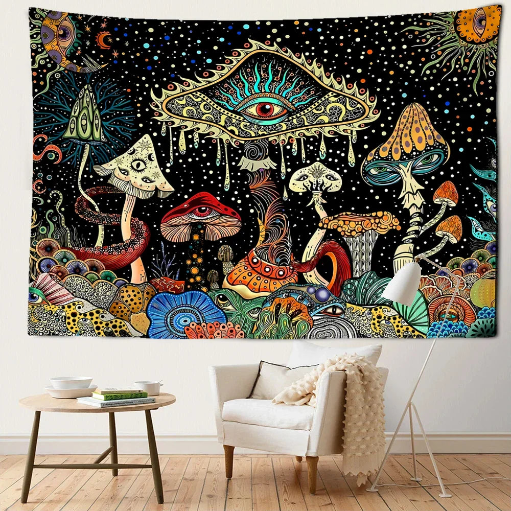 Decobites Colorful Eyes Mushroom Forest Tapestry Wall Hanging Art - Fantasy Abstract Home Decor