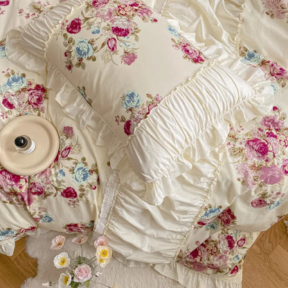 Decobites Rose Print Cotton Bedding Set with Pleated Ruffles and French-Inspired Design