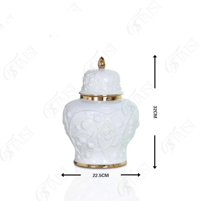 DecorBites™ Embossed Flower Ceramic Ginger Jar Vase - Home Decor Storage Tank