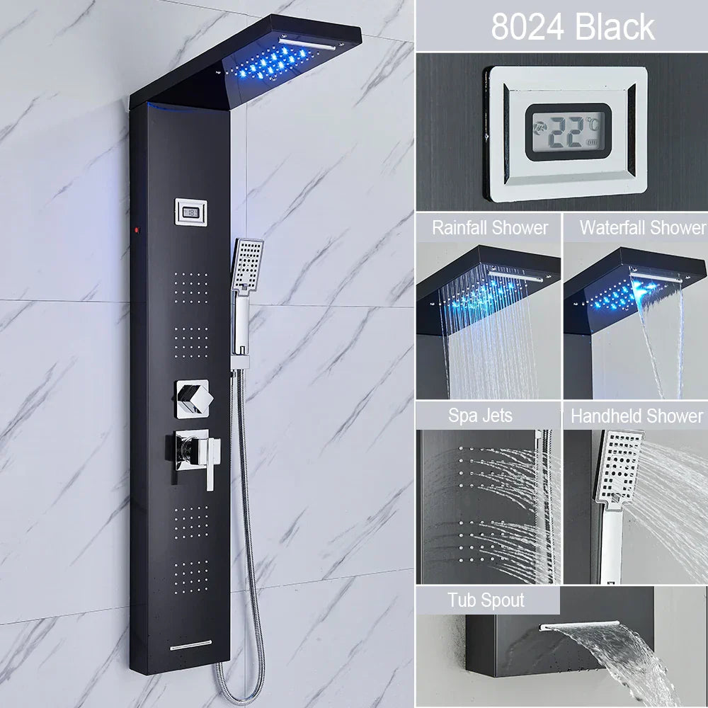 مجموعة دش مطري DecorBites™ أسود بإضاءة LED وشلال مع نفاثات تدليك