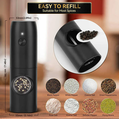 DecorBites™ Electric Salt Pepper Grinder Set USB Rechargeable Adjustable Coarseness LED Light