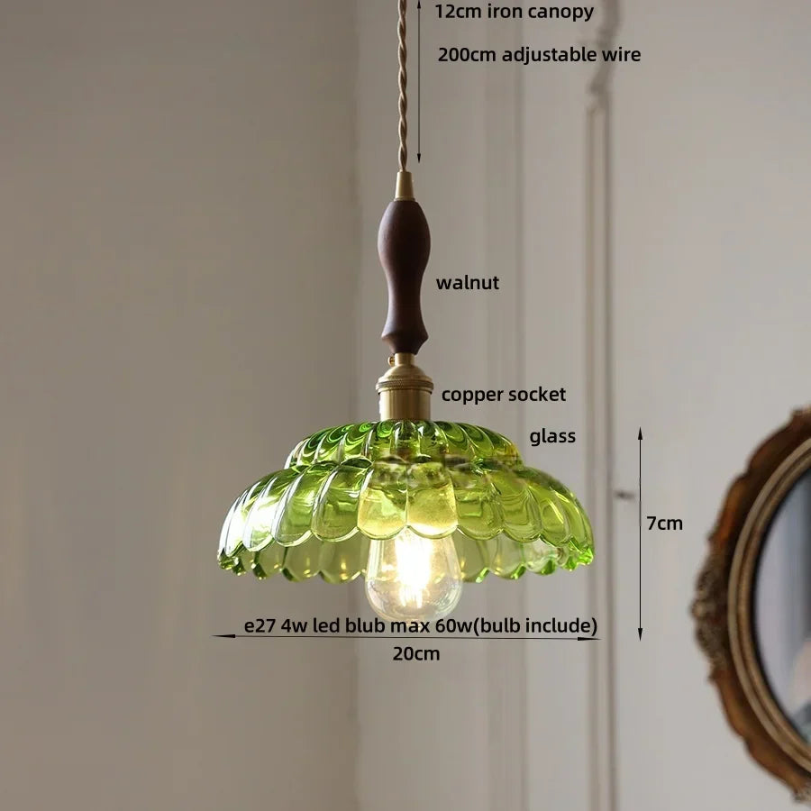 DecorBites™ LED Pendant Lamp with Adjustable Wire, Copper Socket, Walnut Wood, Green Glass