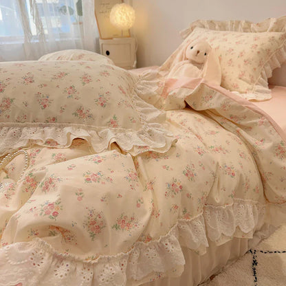 Decobites Korean Princess Style Floral Lace Ruffles Bedding Set with Pillowcase