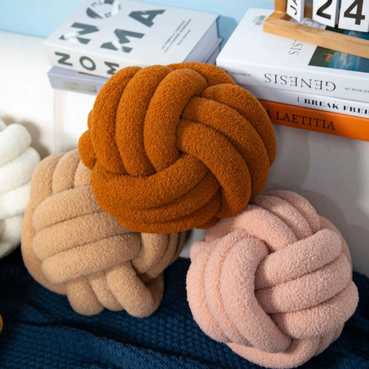DecorBites™ Handmade Knotted Boucle Circle Plush Pillow Brown