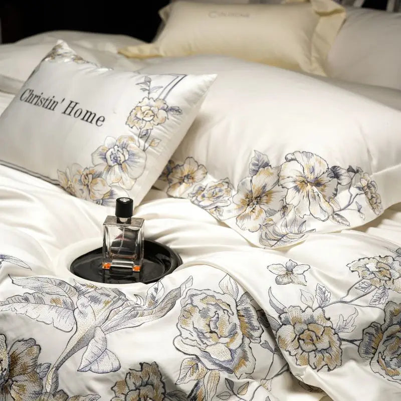 Decobites Luxe Embroidered Cotton Bedding Set: Duvet Cover, Pillowcases, Flat Sheet