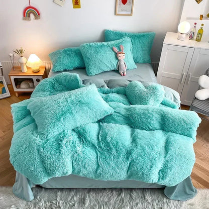 Decobites Fluffy Faux Fur Bedding Set: Duvet Cover, Sheet, Pillowcase - Soft & Warm