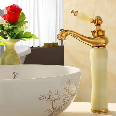 Decorbites™ Grifo de Lavabo de Baño en Oro, Jade y Latón | Montado en Cubierta Mezclador de Agua Caliente y Fría