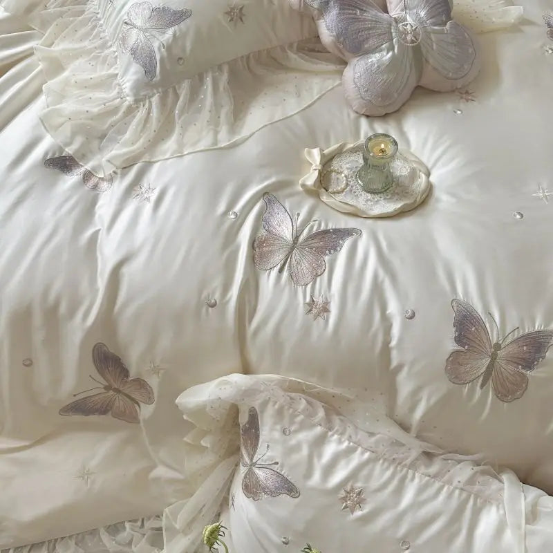 Decobites Butterfly Lace Ruffles Embroidery Bedding Set 4Pcs