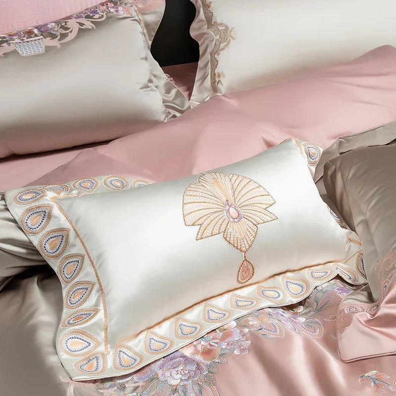 Decobites European Palace Style Flowers Embroidery Bedding Set - Duvet Cover, Sheet, Pillowcase