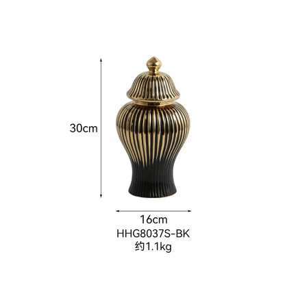 DecorBites™ Black Ceramic Checkmate Ginger Jar Vase with Gold Rim