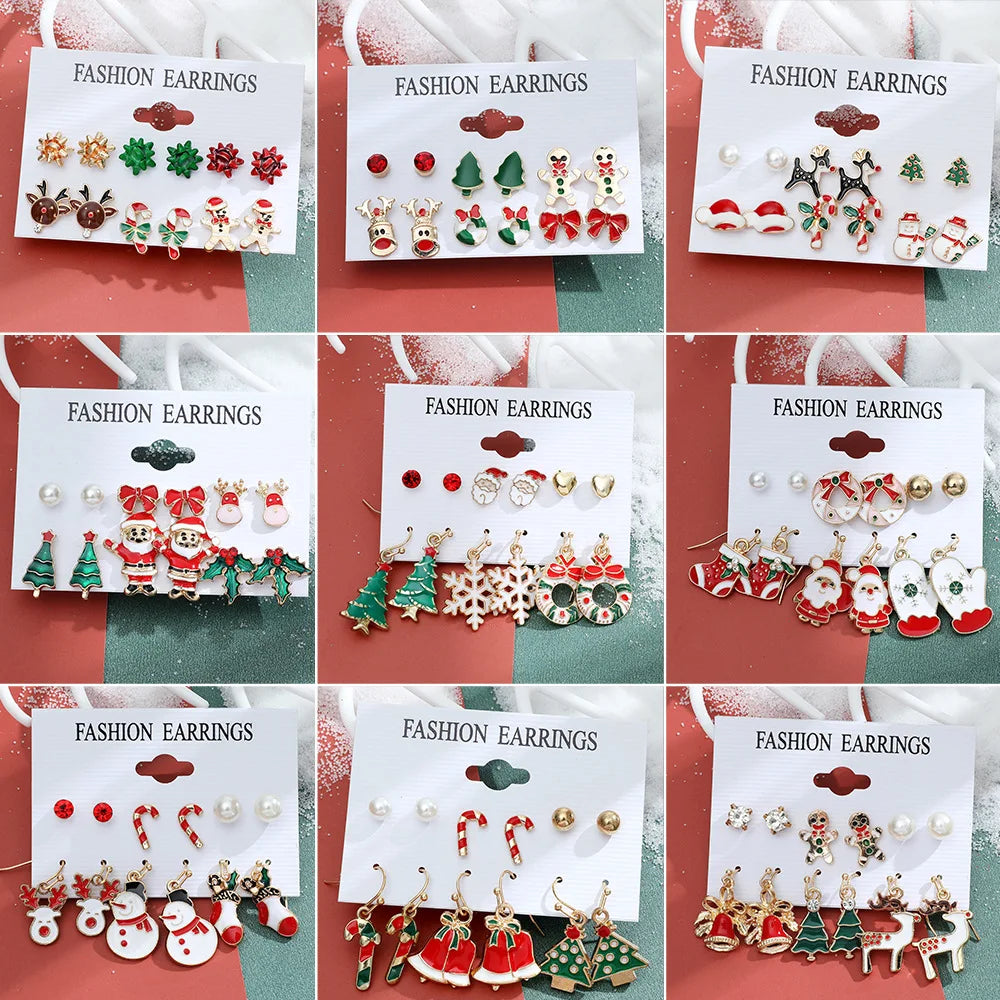 6 pairs/lot Christmas Earrings Xmas Tree Elk Snowman Santa Claus Cute Stud Earrings Set Kit Christmas Gifts For Women Girls Kids