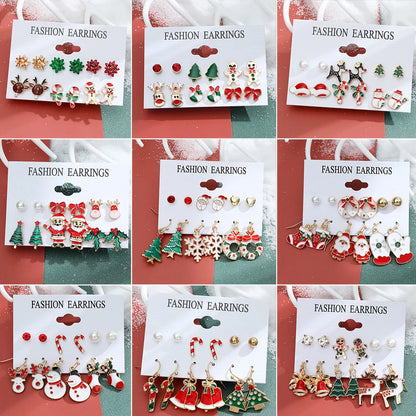 6 pairs/lot Christmas Earrings Xmas Tree Elk Snowman Santa Claus Cute Stud Earrings Set Kit Christmas Gifts For Women Girls Kids