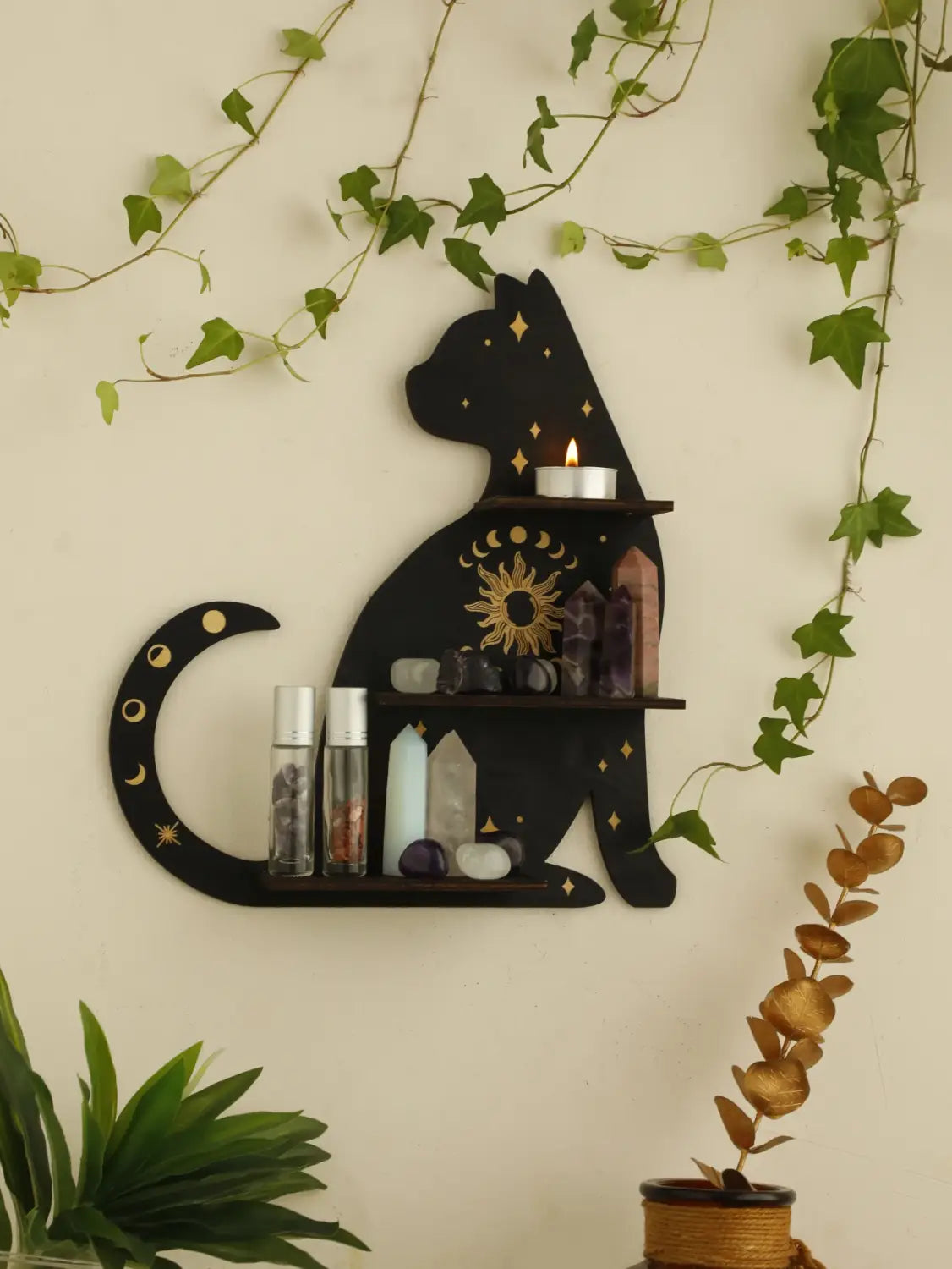 DecorBites™ Moon Phase Black Cat Wooden Shelf