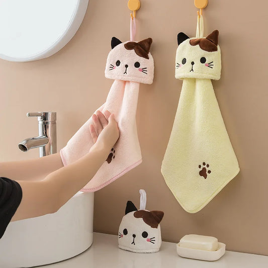 DecorBites™ Cartoon Cat Hand Towel: Thick Coral Velvet Towel for Kitchen & Bathroom