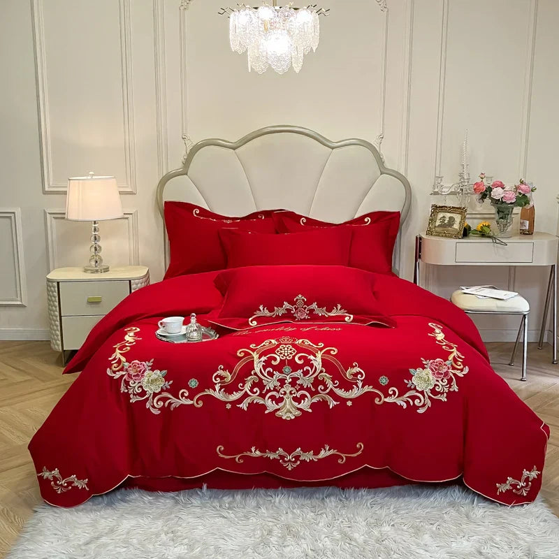 Decobites Floral Embroidery Luxury Bed Set - Queen/King Duvet Cover, Sheet, Pillowcases