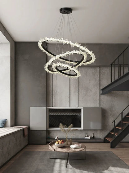DecorBites™ Crystal Gold/Black Ring LED Chandelier: Minimalist Luxury Hanging Ceiling Light Fixtures
