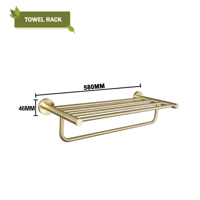 DecorBites™ Brushed Gold Bathroom Accessories Set: Wall Mount Shelf, Toilet Paper Holder, Towel Bar, Robe Hook