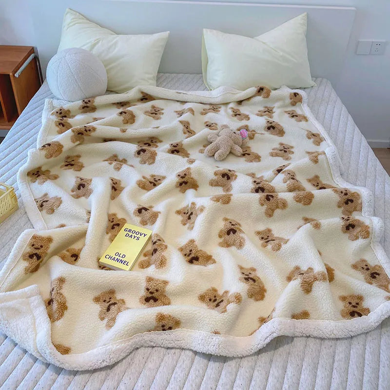 DecorBites™ Little Bear Lamb Plush Blanket, Double Layered Warm Fleece Cover