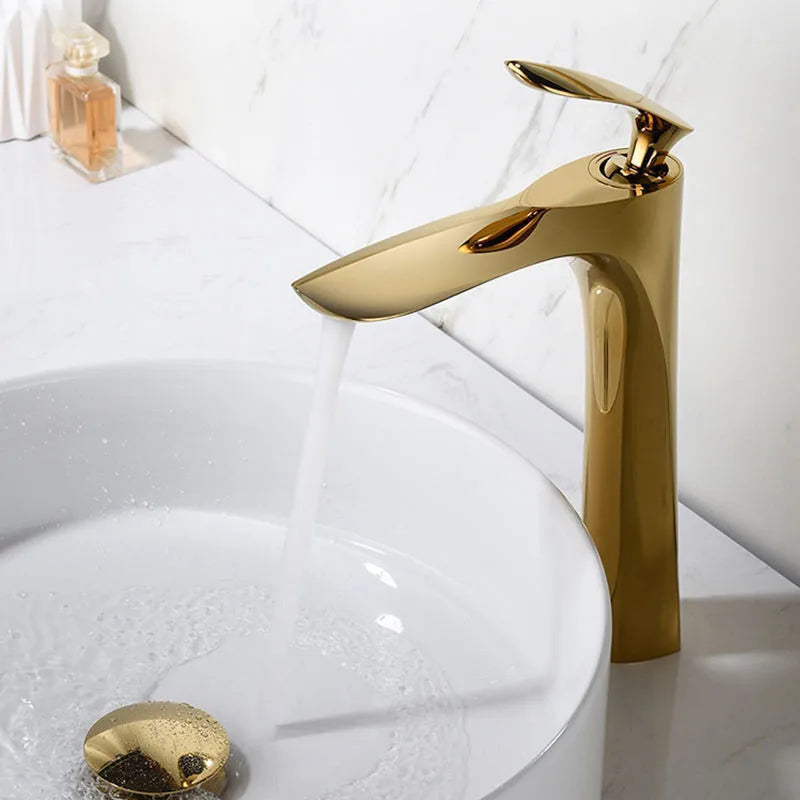 Decorbites™ Grifo de Lavabo Dorado de Una Manija Mezclador de Agua Caliente y Fría Montado en Cubierta