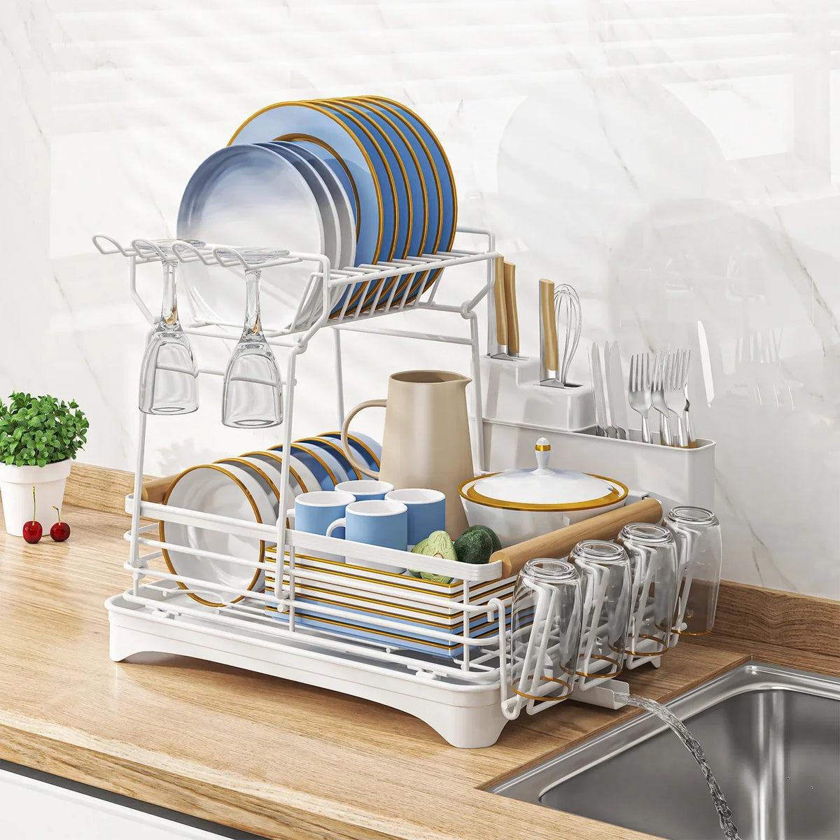 Escurridor de utensilios de cocina Decorbites™ con jaula para palillos y tabla de goteo