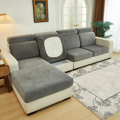 Decobites Velvet Sofa Cover: Single Loveseat L-shaped Protector in Polar Fleece Stretch Fabric.