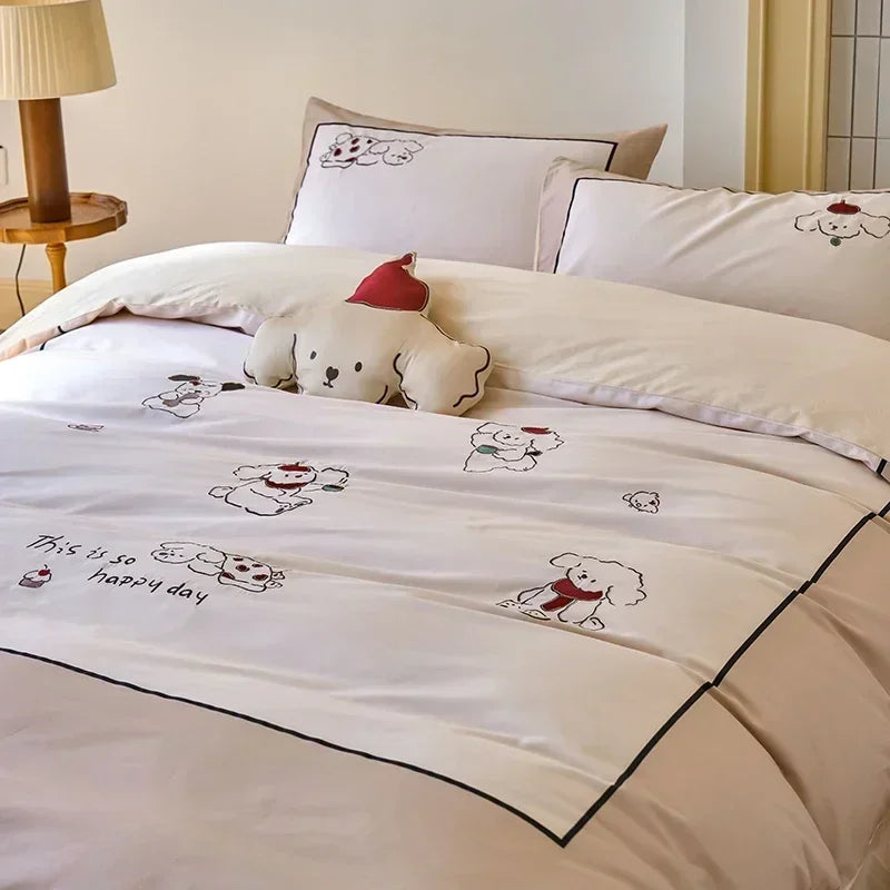 Decobites Embroidered Queen Bedding Set: High-Quality 100% Cotton Duvet Cover with Sheet & Pillowcases