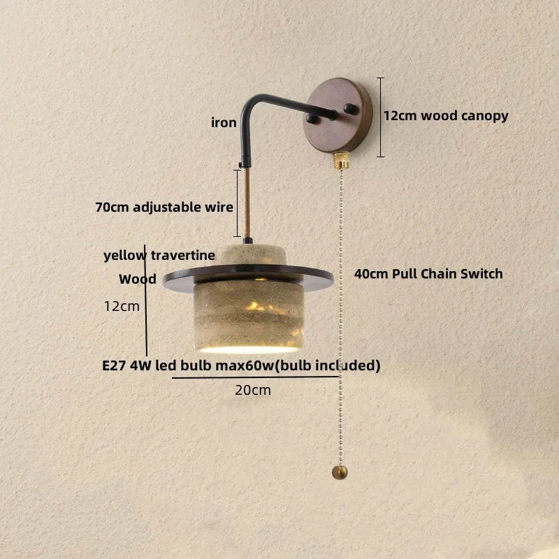 DecorBites™ مصباح حائط LED من الخشب والنحاس من حجر الترافرتين الأصفر بجانب السرير