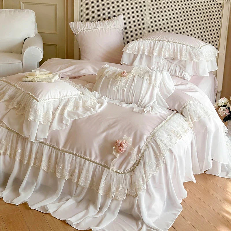 Decobites Luxe Pink Lace Ruffles Wedding Bedding Set 4Pcs