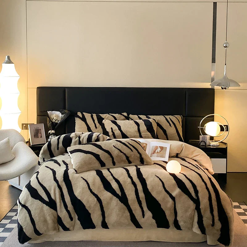 Decobites Winter Zebra Print Bedding Set: Thick Milk Velvet, Soft & Warm bed sheet, duvet cover, pillowcase