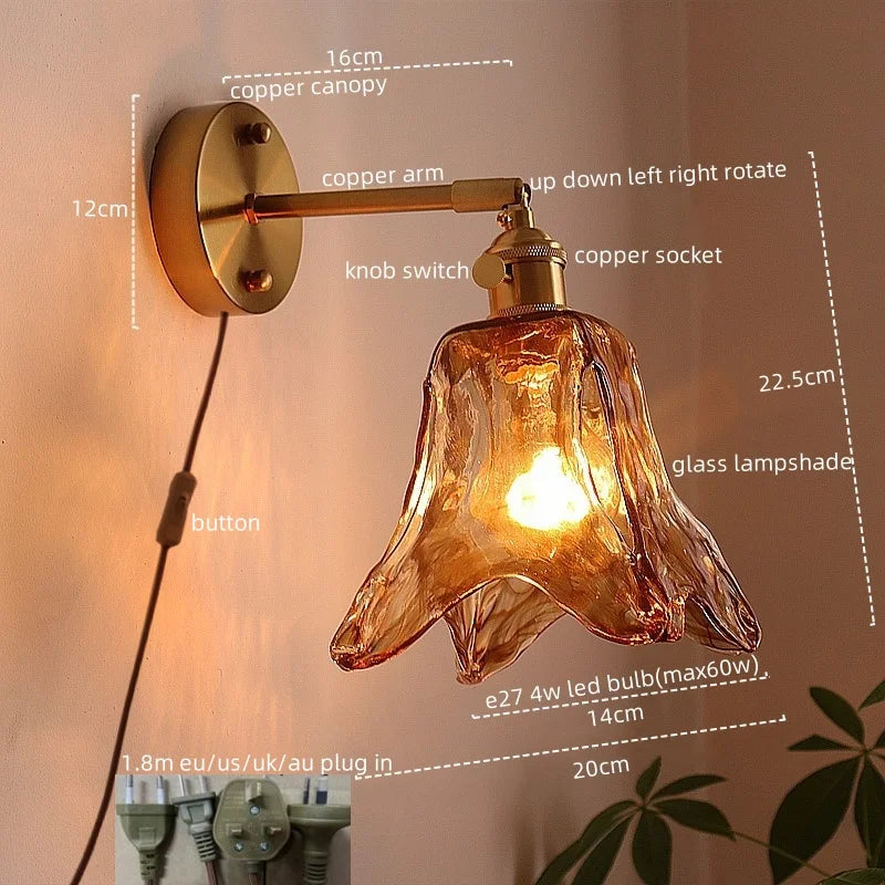 DecorBites™ Japanese Style LED Wall Lamps Living Room Coffee Balcony Stair Light Copper Glass