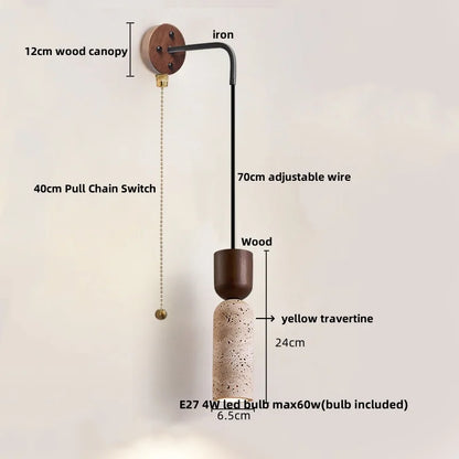 Lámpara de pared LED DecorBites™ con interruptor de cadena, estilo nórdico moderno, acabado en madera, con espejo de travertino amarillo.