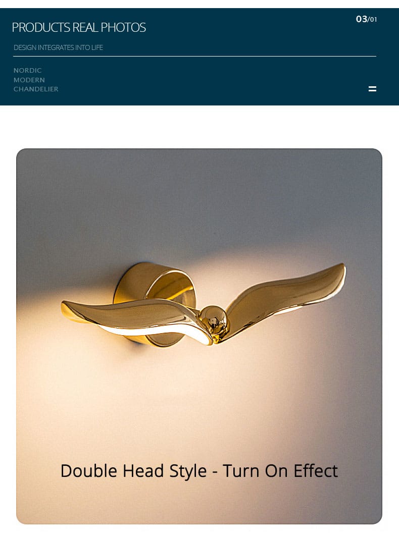 a luxury minimalist creative gold-colored wall-mounted lamp resembling a sleek minimalist creative seagull with outstretched wings designed for bedroom and living room use
