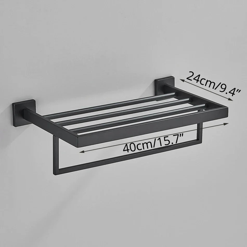 مجموعة إكسسوارات الحمام السوداء من DecorBites™: خطاف رداء، سكة مناشف، رف، حامل مناديل