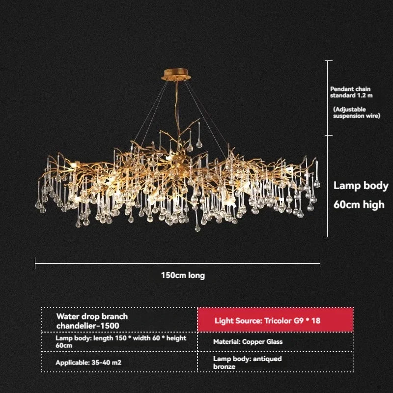 DecorBites™ French Crystal Chandelier for Dining Room: Elegant Copper Branch Ceiling Light