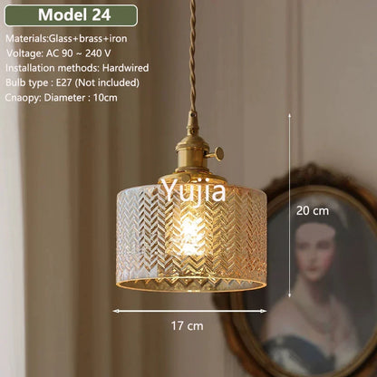 Vintage Amber Glass Pendant Light With Brass Detail