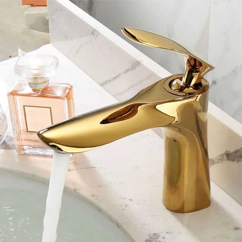 Decorbites™ Grifo de Lavabo Dorado de Una Manija Mezclador de Agua Caliente y Fría Montado en Cubierta