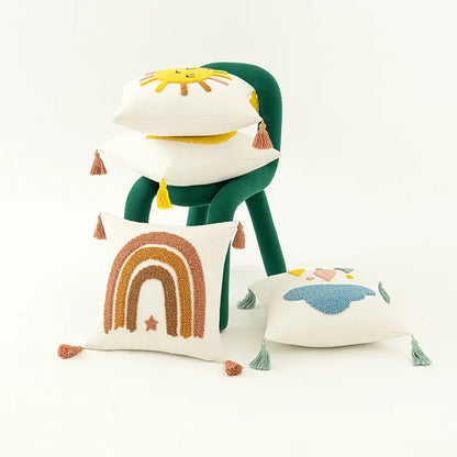 Funda de cojín bordada DecorBites™ Boho amarilla con arcoíris, estrella y luna, 45x45cm con borlas