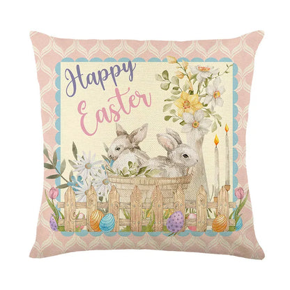 DecorBites™ Easter Bunny Rabbit Linen Cushion Cover 45x45cm - Flower Print Festival Pillowcase