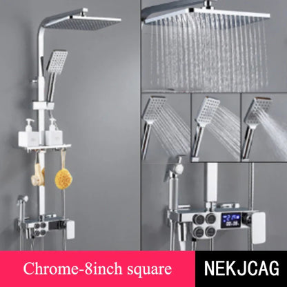 DecorBites™ Digital Display Thermostatic Shower Faucet Set, Rain Shower Column, Wall Mount - Black/Chrome