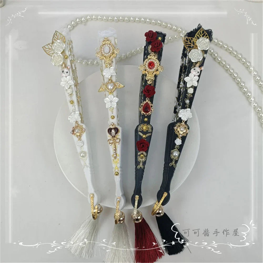 DecorBites™ Elegant Gemstone Handle Lace Fan for Dark Gothic Court Party