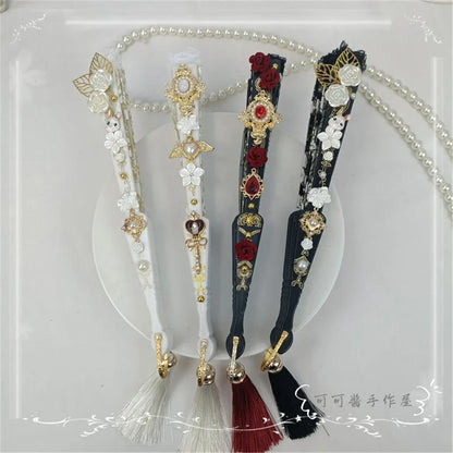 DecorBites™ Elegant Gemstone Handle Lace Fan for Dark Gothic Court Party