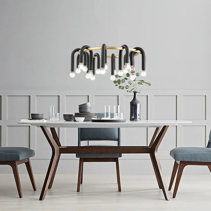 Lámpara de araña DecorBites™ con tubo negro en forma de U y anillo dorado para iluminación de vestíbulo o comedor