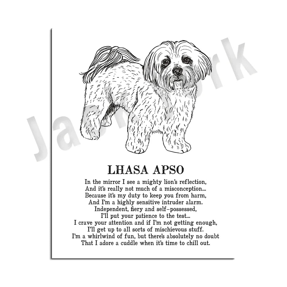 DecorBites™ Cozy Canine Collection: Dog Poetry Poster featuring Lhasa, Sheepdog, Terrier, Bulldog, Tibetan, Yorkie