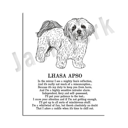 DecorBites™ Cozy Canine Collection: Dog Poetry Poster featuring Lhasa, Sheepdog, Terrier, Bulldog, Tibetan, Yorkie